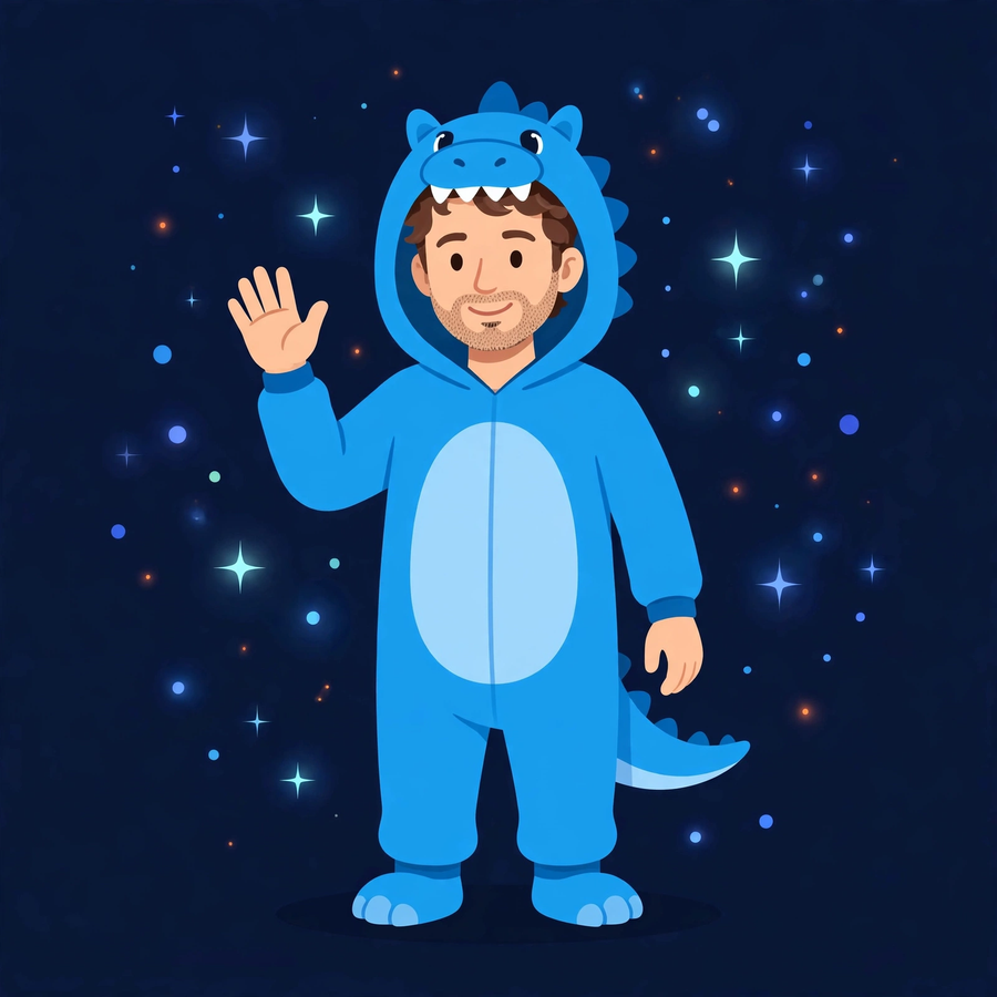Illustration of the Sokliro blue dinosaur onesie costume