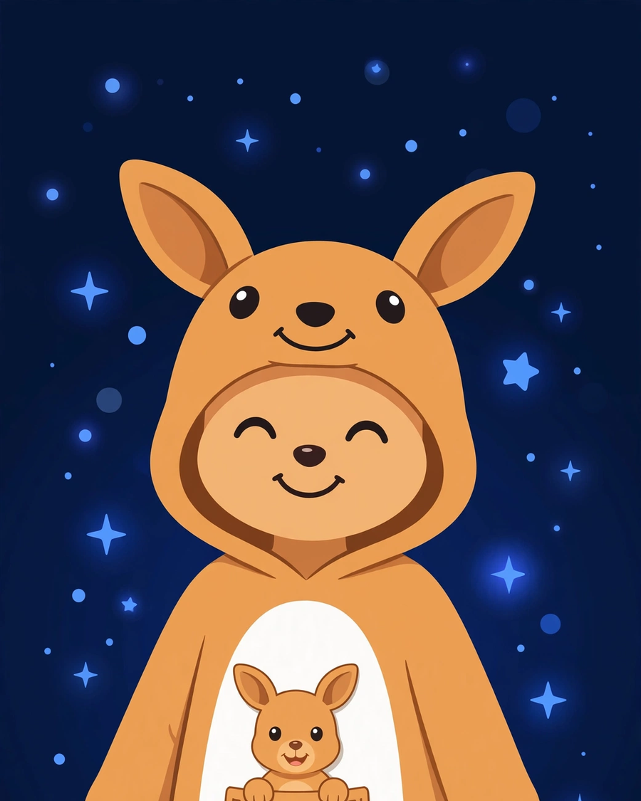 Illustration of the Hawfun kangaroo onesie costume with a joey in the pouch